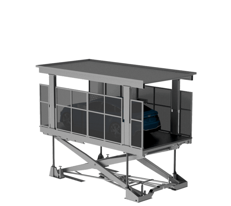 Rendu 3D du système Monte-voitures Avec Personne À Bord - plateforme élevée avec structure métallique, toit, fenêtres, voiture bleue à l'intérieur